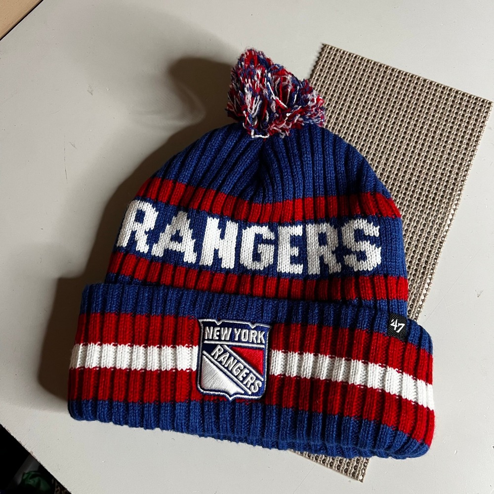 47 Brand New York Rangers NHL Knit Pom Beanie Hat Blue Red Cuffed Fleece Lined